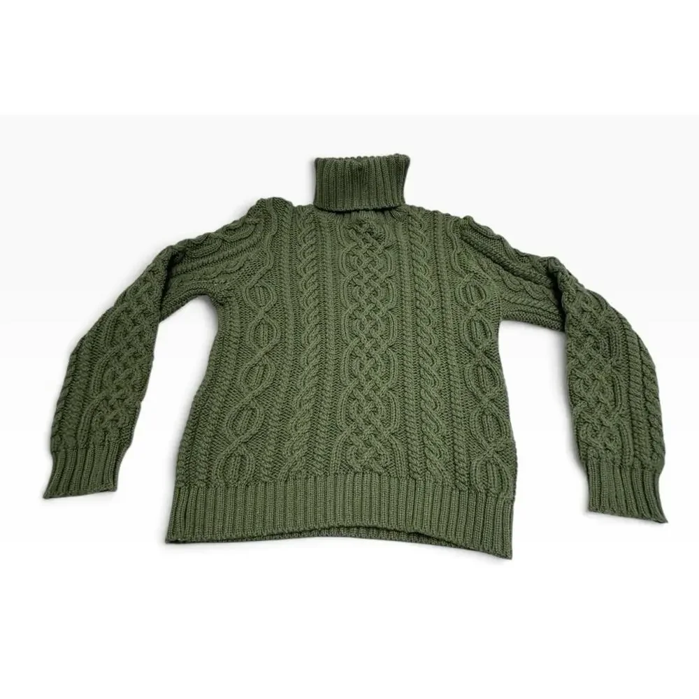 Paul James Women's M Green Wool Cable Knit Turtleneck Chunky Sweater Fisherman